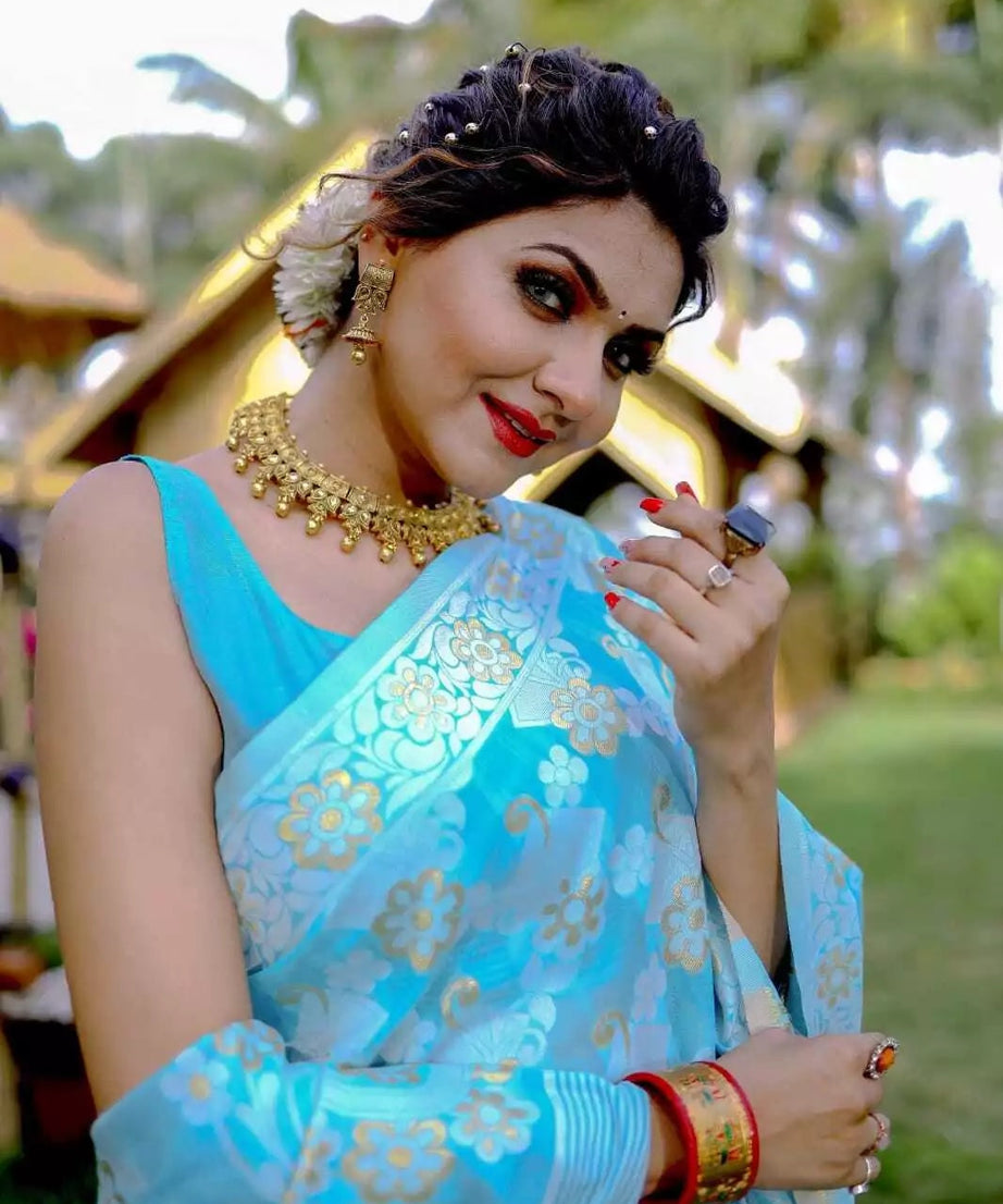 Soft Cotton Jamdani With Gold Zari Weaving Work  Sari & Blouse