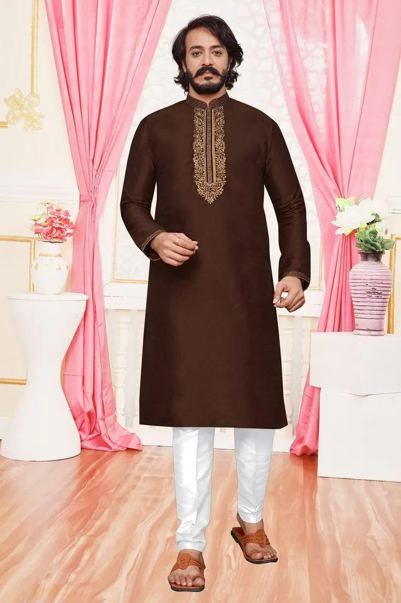Silk With Embroidery Work Men's Kurta Pajama Set