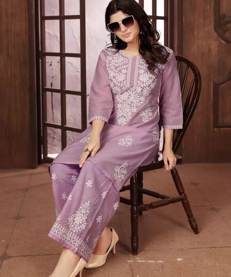 Heavy Cotton With Chikankari Embroidery Work Kurti Pant