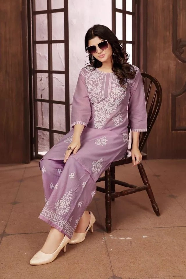 Heavy Cotton With Chikankari Embroidery Work Kurti Pant