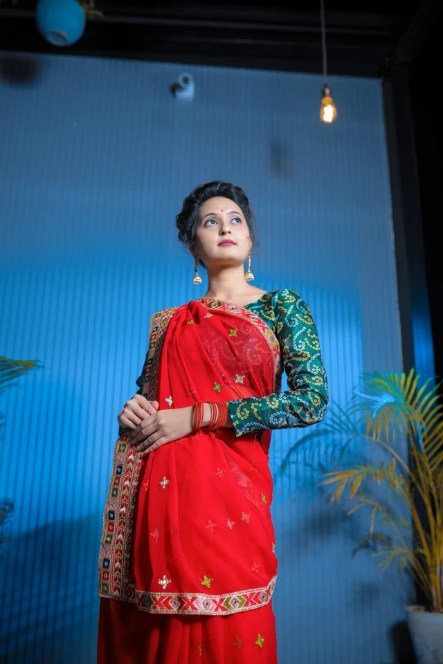 Designer Fancy Faux Georgette Embroidery With Real Mirror Work Saree & Blouse 11-RV