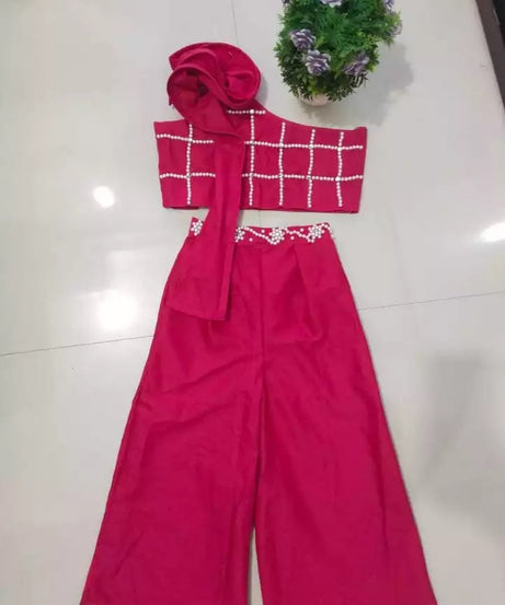 Elegant Bright Pink Cotton Palazzo and One-Shoulder Top Set