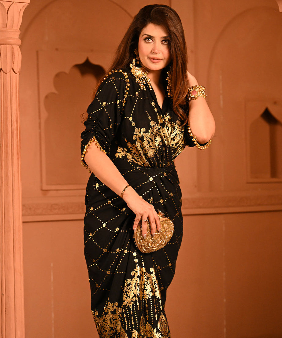 Elegant Designer Party Outfit with Gold Embroidery Kaftan Dress For Women