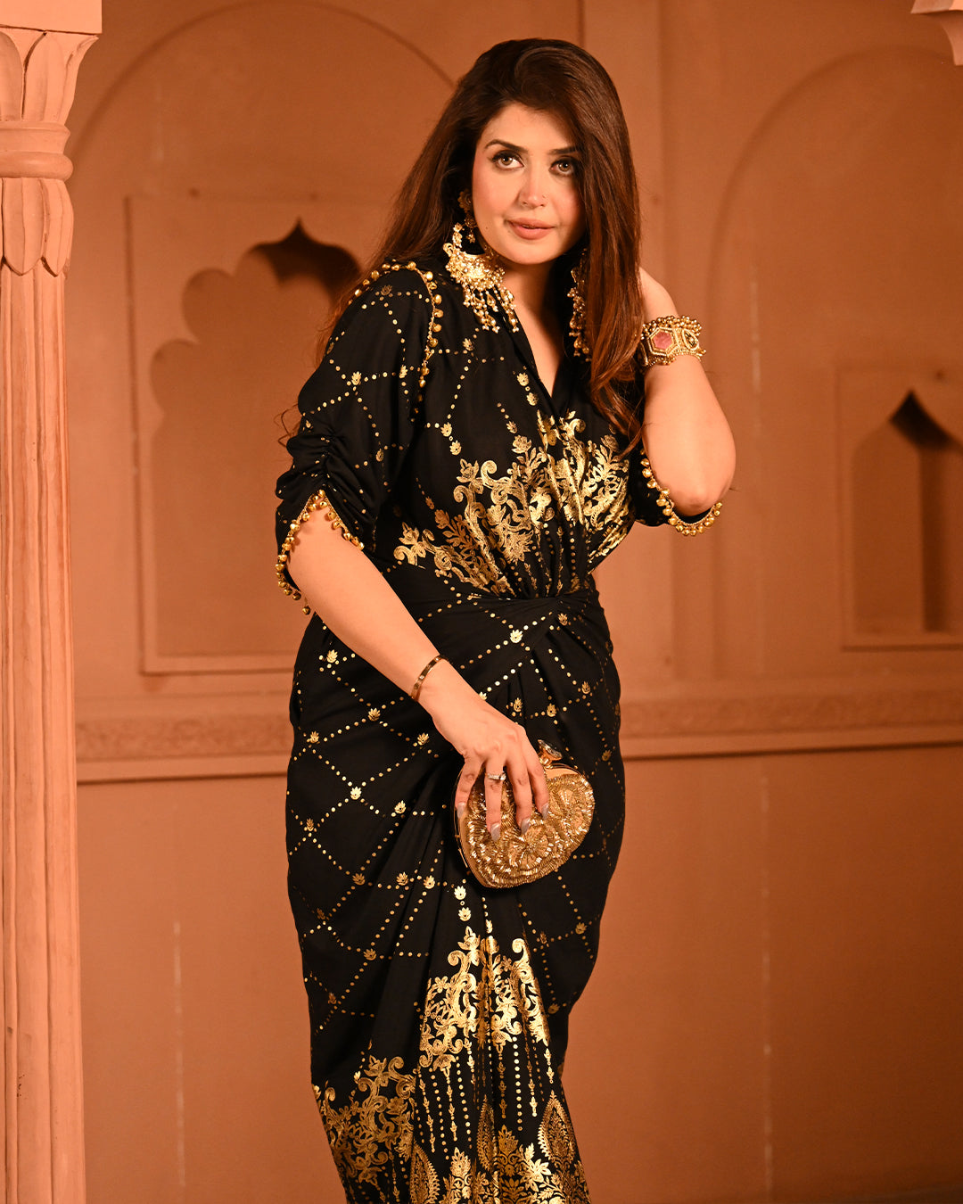 Elegant Designer Party Outfit with Gold Embroidery Kaftan Dress For Women
