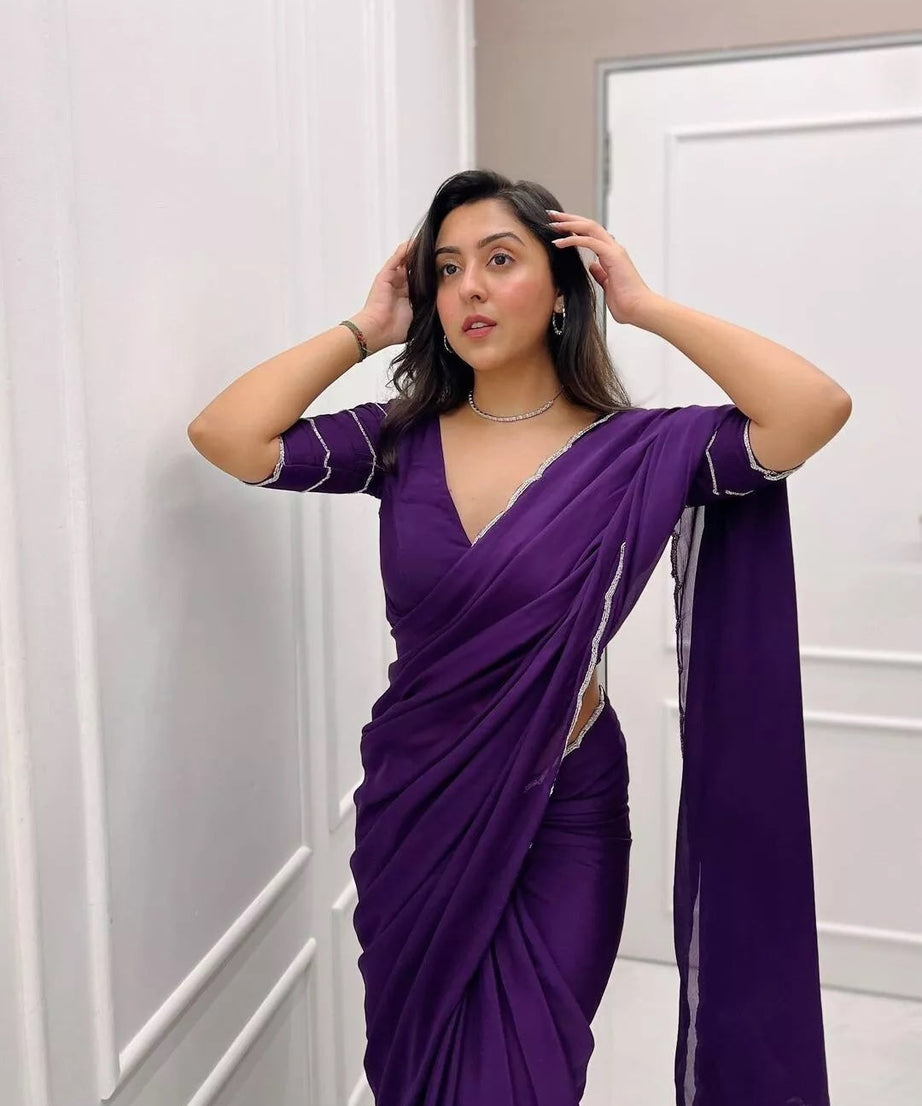 Soft Rich Elegant Chinon With Stone Bead Work Saree & Blouse