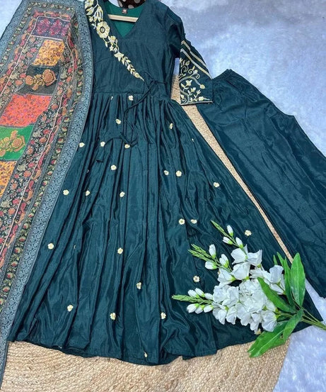 Heavy Pure Chinon Silk With Embroidery Work FullSleeves Gown Bottom Dupatta