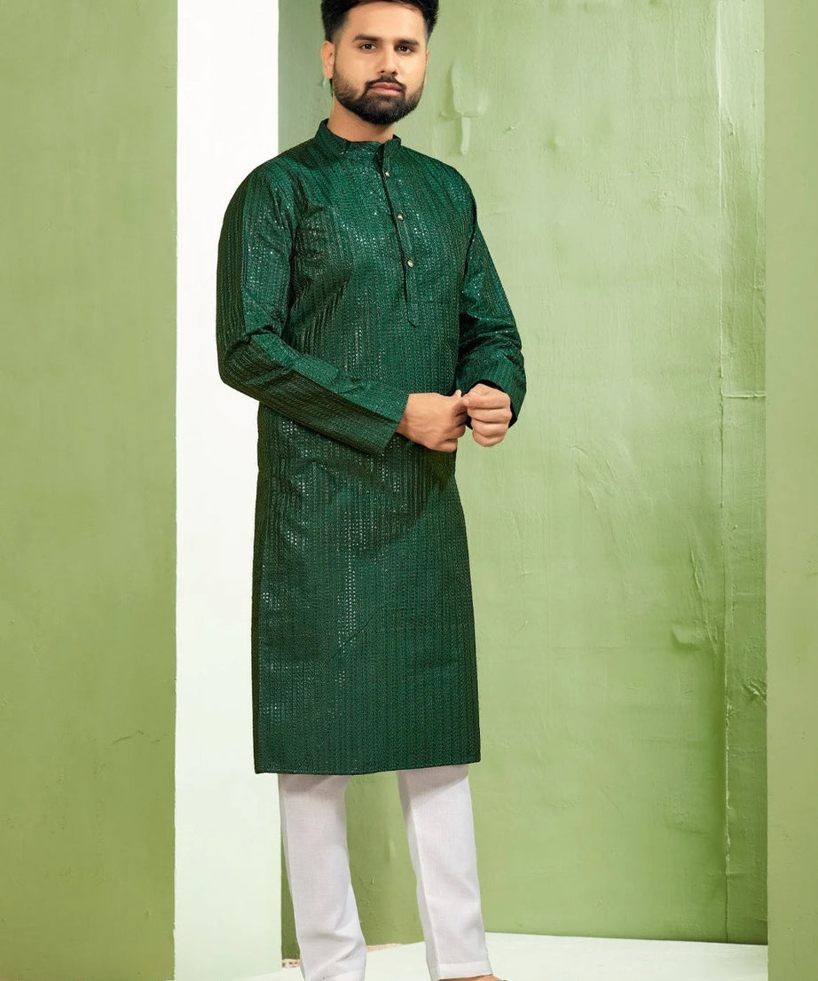 Heavy Banglori Silk With Embroidery Sequence Work Kurta Pajama Set