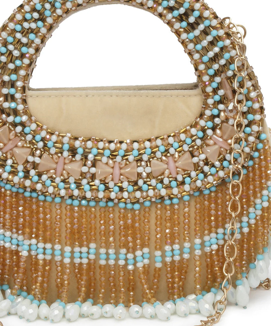 Dangle Bead Work Embellished Suede Clutch