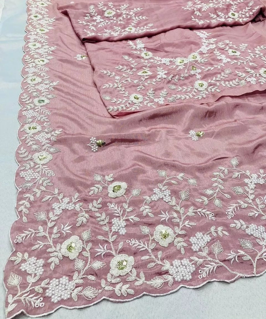 Pink Pure Chinon Silk With Embroidery Work Sari & Blouse