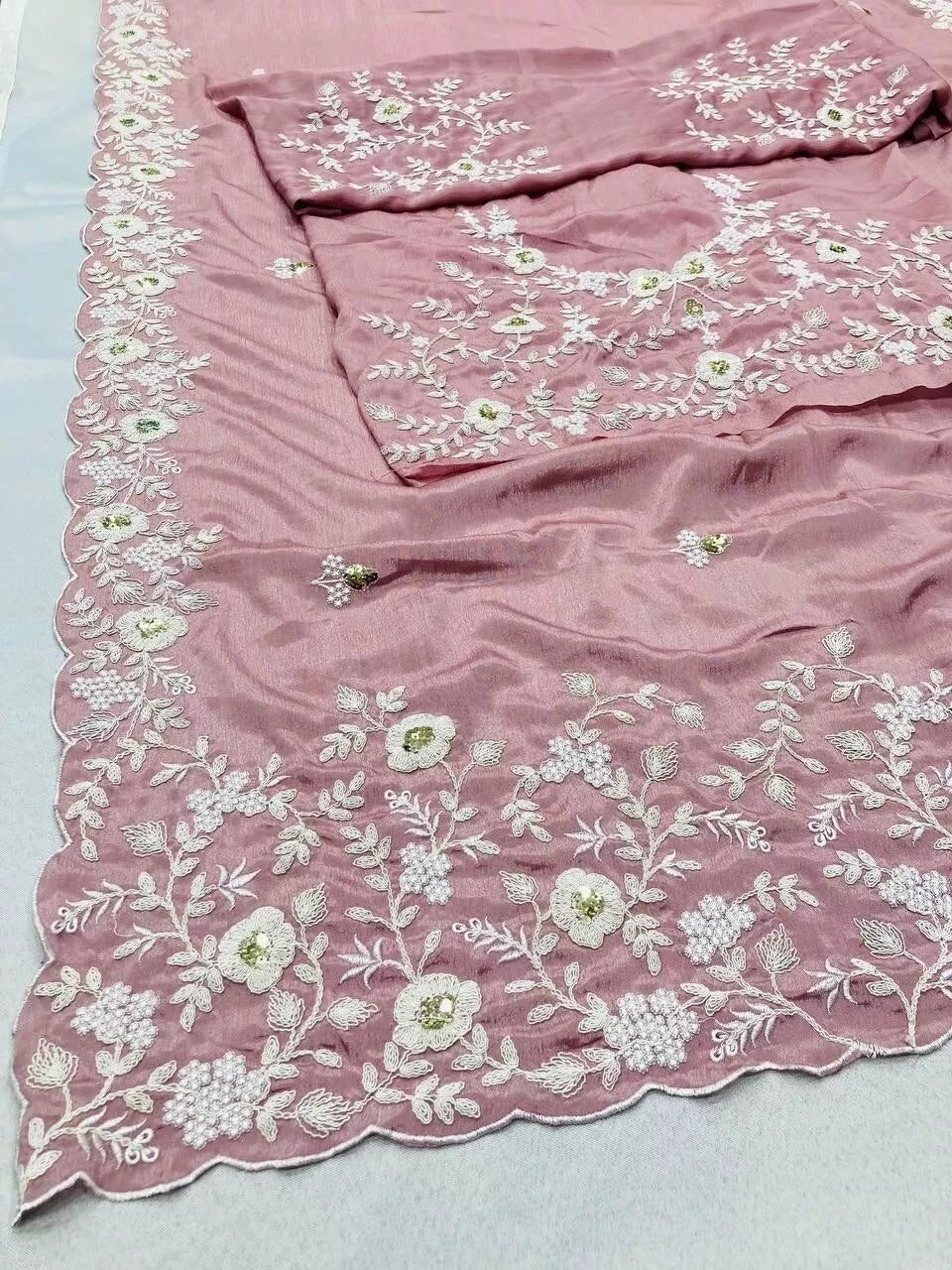 Pink Pure Chinon Silk With Embroidery Work Sari & Blouse