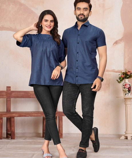 Pure Cotton Lining Pattern Tunic Top & Shirt Combo Set