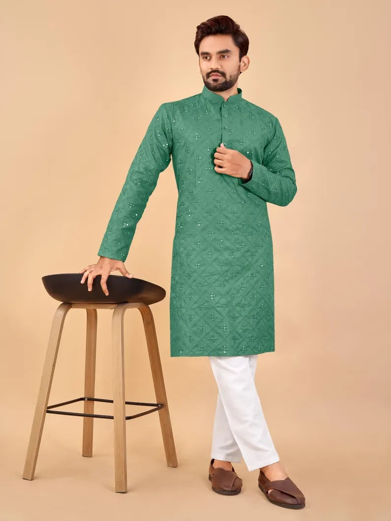Embroidery Mirror Work Men's Kurta Pajama Set