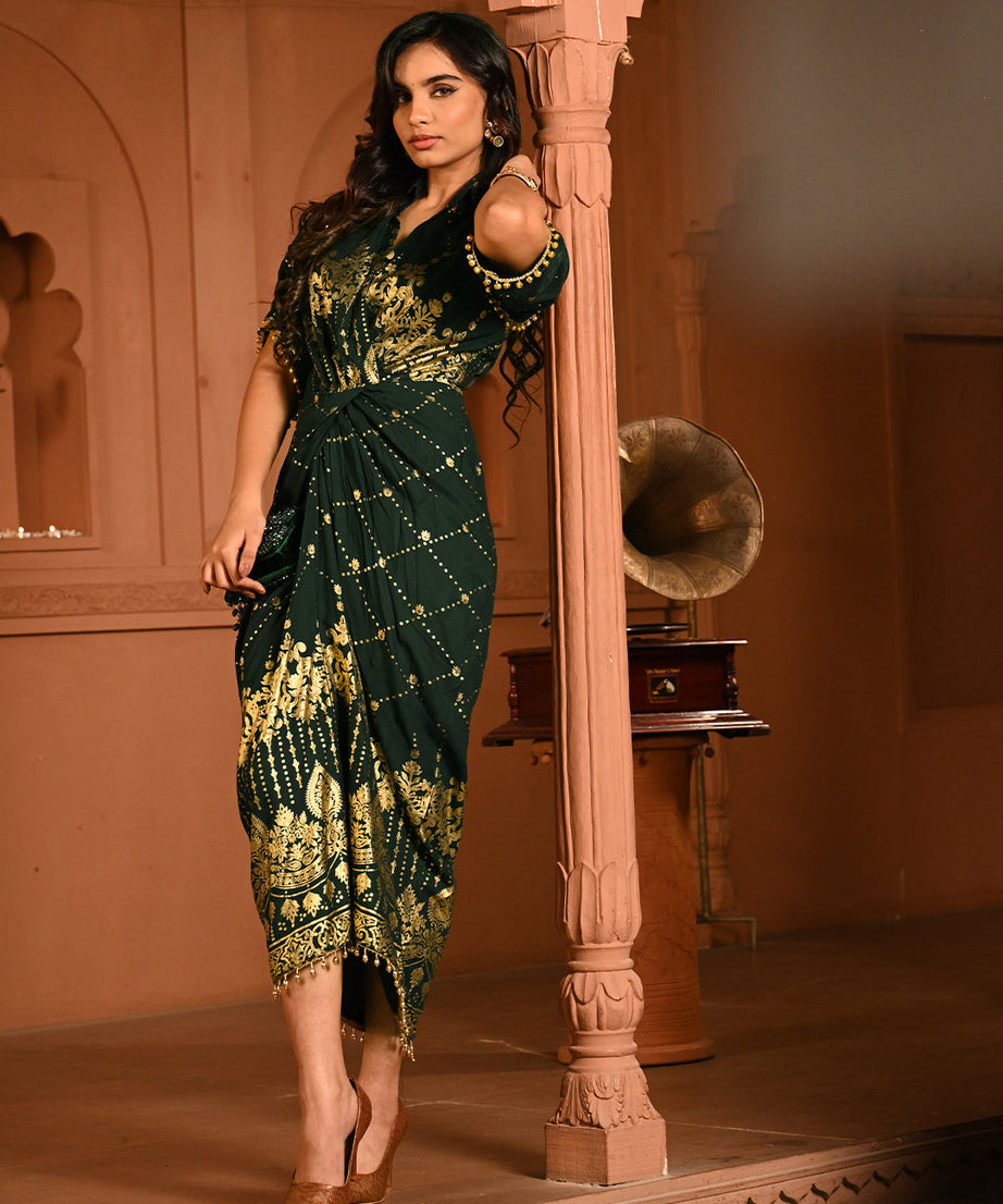 Designer Green Gold Embroidery Kaftan Dress for Women – Elegant Cocktail Party & Ethnic Fusion Wear