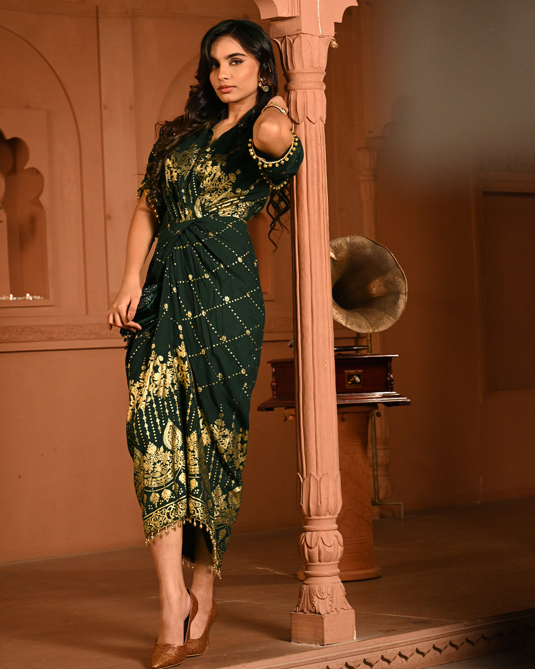 Designer Green Gold Embroidery Kaftan Dress for Women – Elegant Cocktail Party & Ethnic Fusion Wear