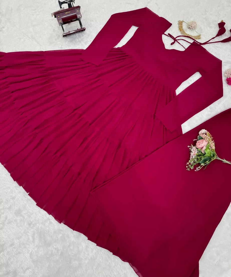 Stitched Faux Georgette Ruffle Style Anarkali Top Pant