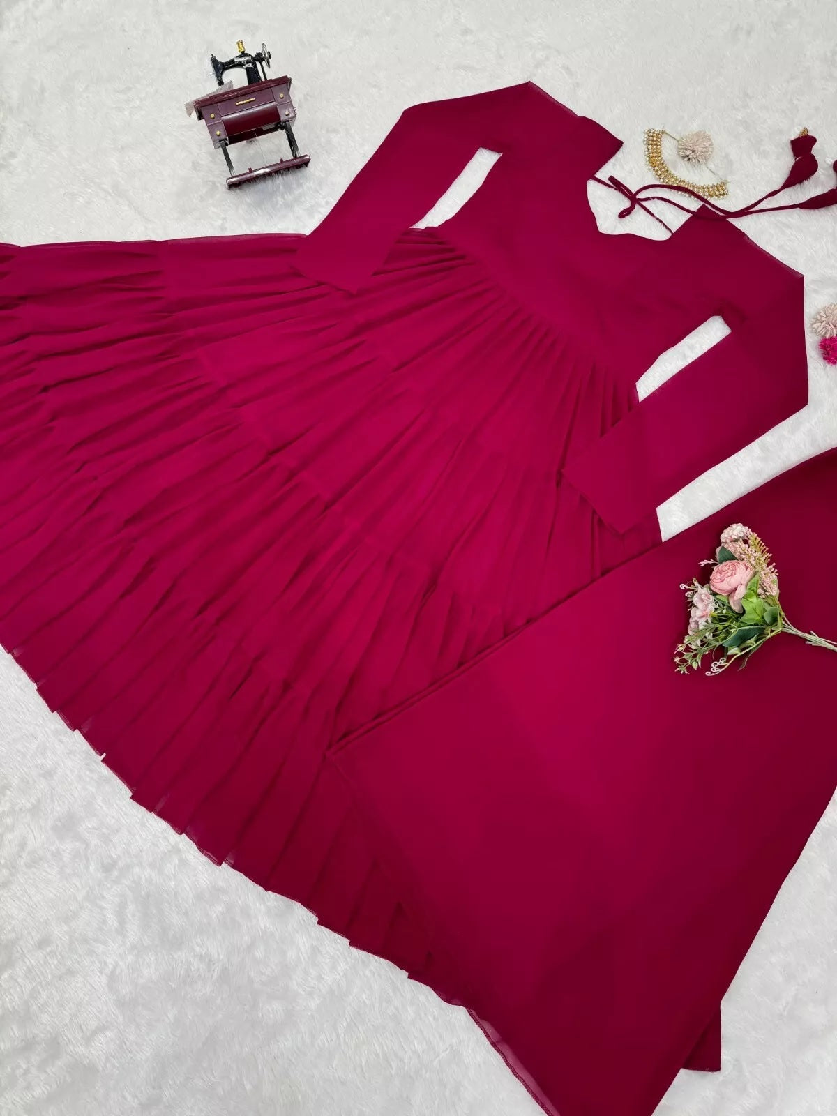 Stitched Faux Georgette Ruffle Style Anarkali Top Pant