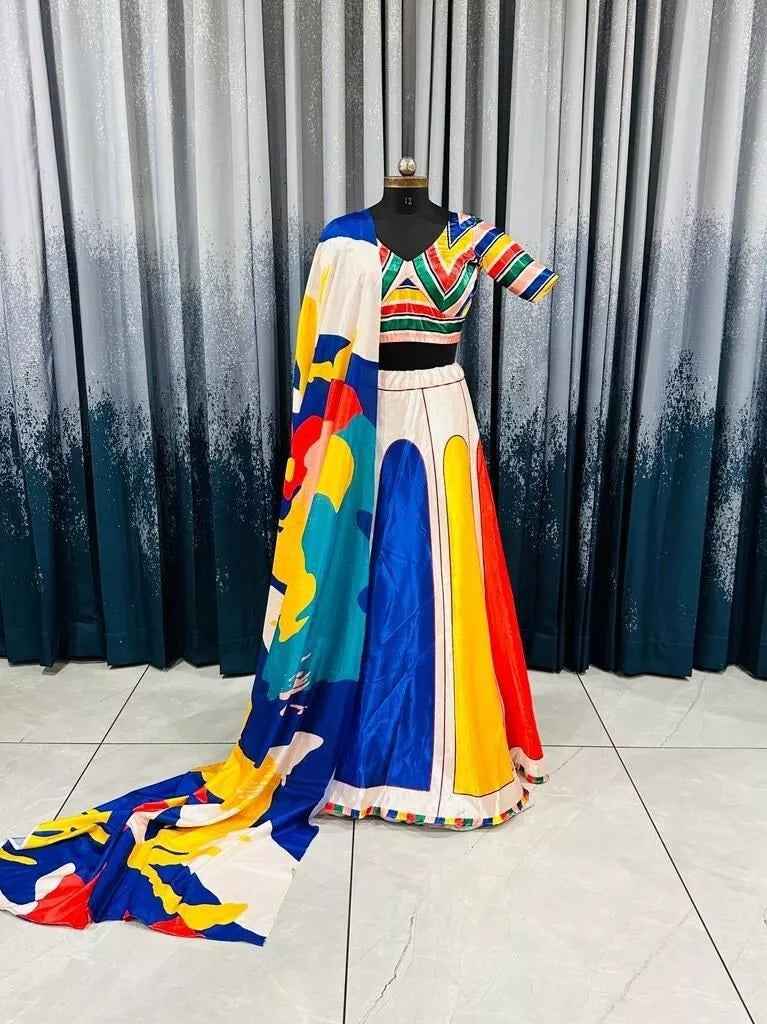 Designer Festival Wear Sartin With Digital Print Lehenga Blouse Dupatta