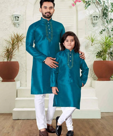Silk Kurta Pajama Set For Men's & Kid's Combo Set