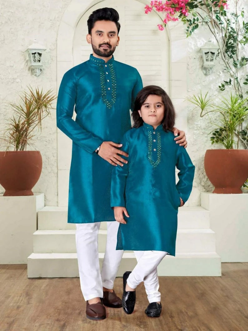 Silk Kurta Pajama Set For Men's & Kid's Combo Set