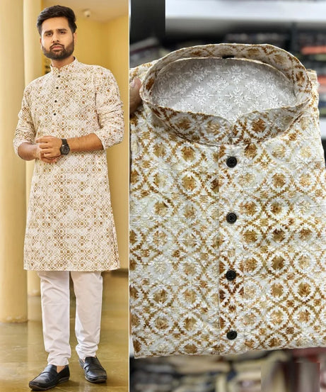 Men's FullStitched Heavy Rayon Schiffli Work Bollywood Kurta Pajama
