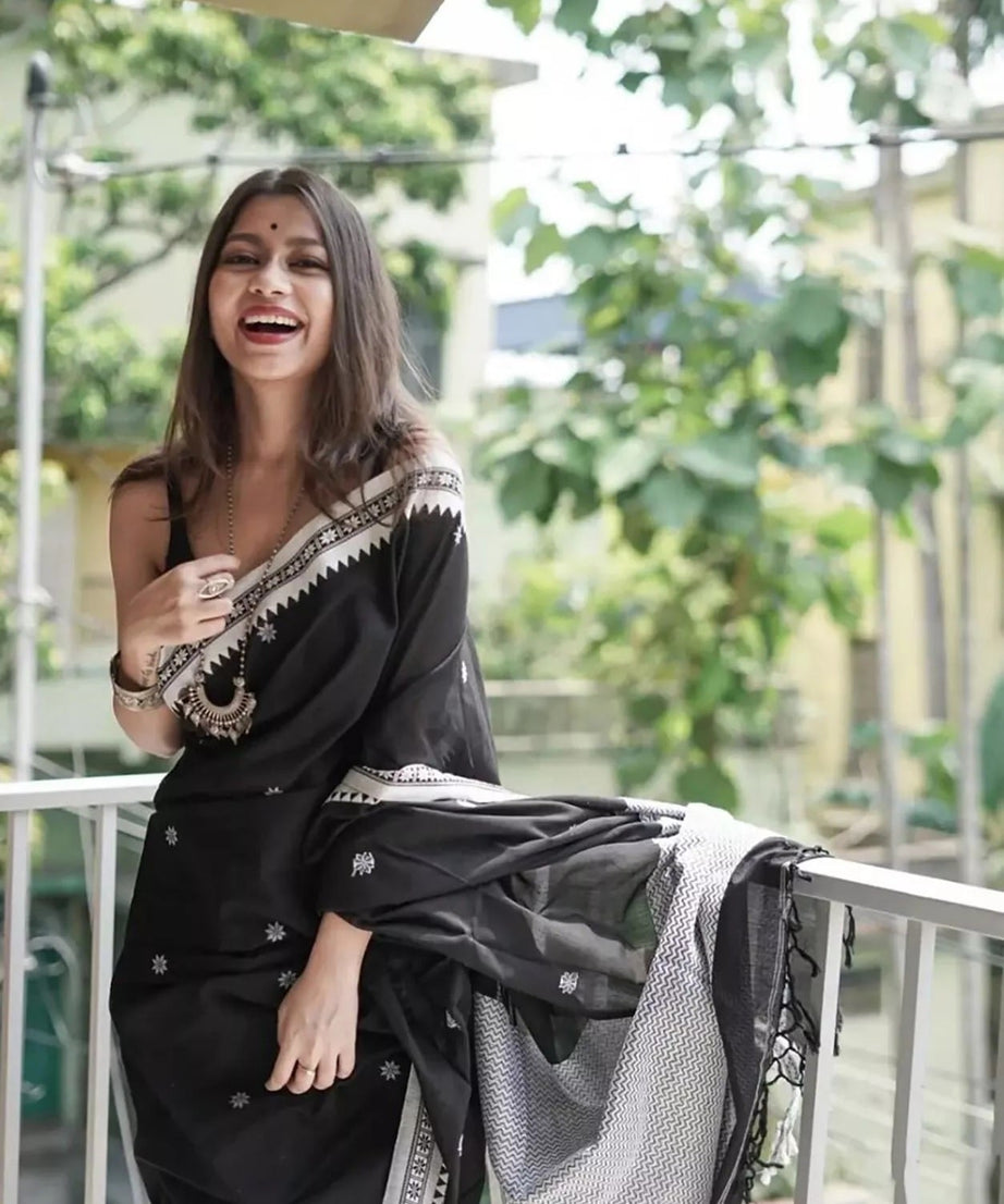 Black Soft Linen Slub Designer Saree,Classic Sari Blouse