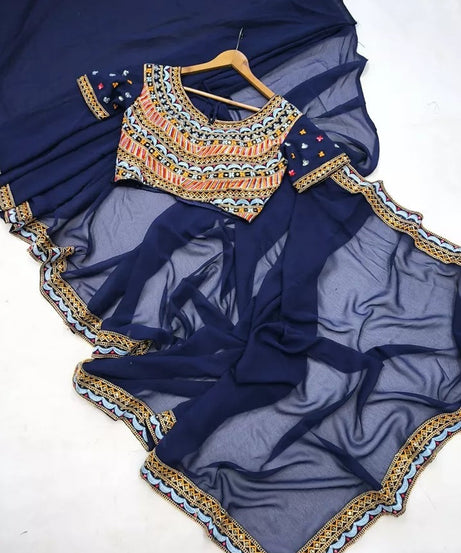 Soft Georgette With Embroidery Lace Border Ready To Wear Sari With Blouse