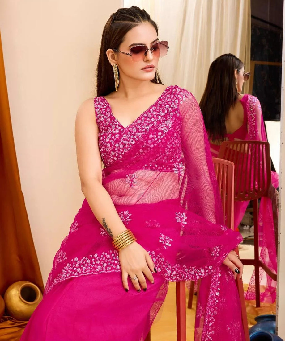 Soft Net  3MM Sequence Embroidery Work Saree & Blouse