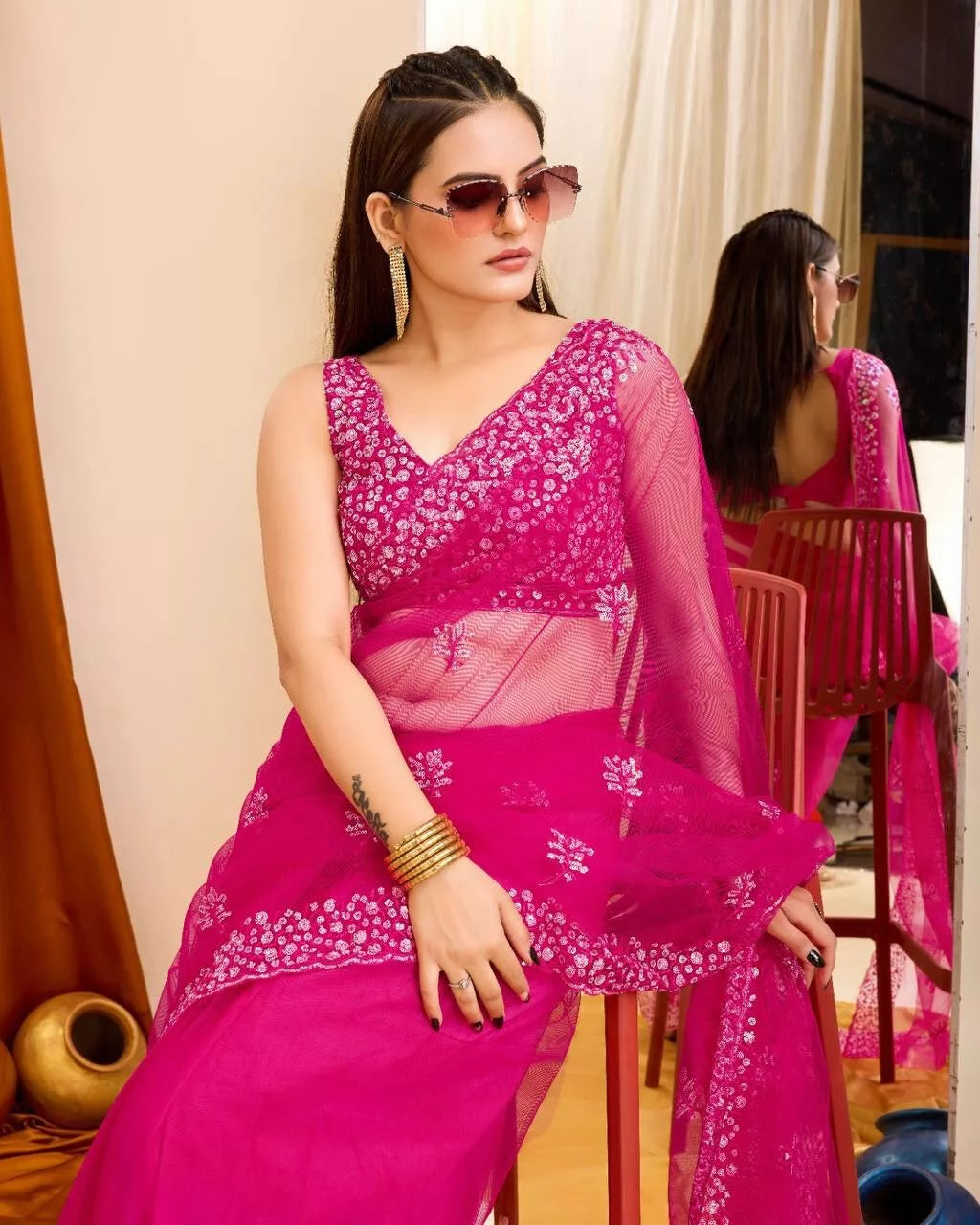 Soft Net  3MM Sequence Embroidery Work Saree & Blouse
