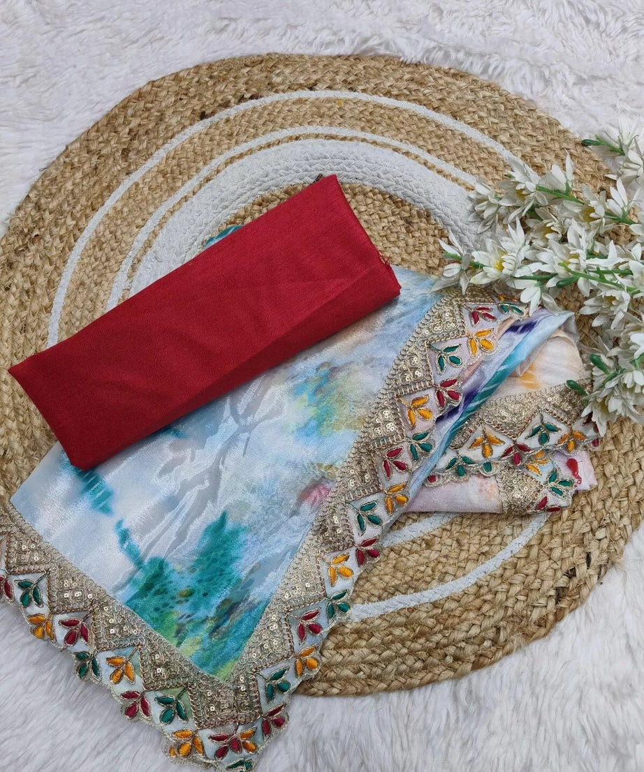 Soft Chinon Silk Printed Designer Sari With Blouse