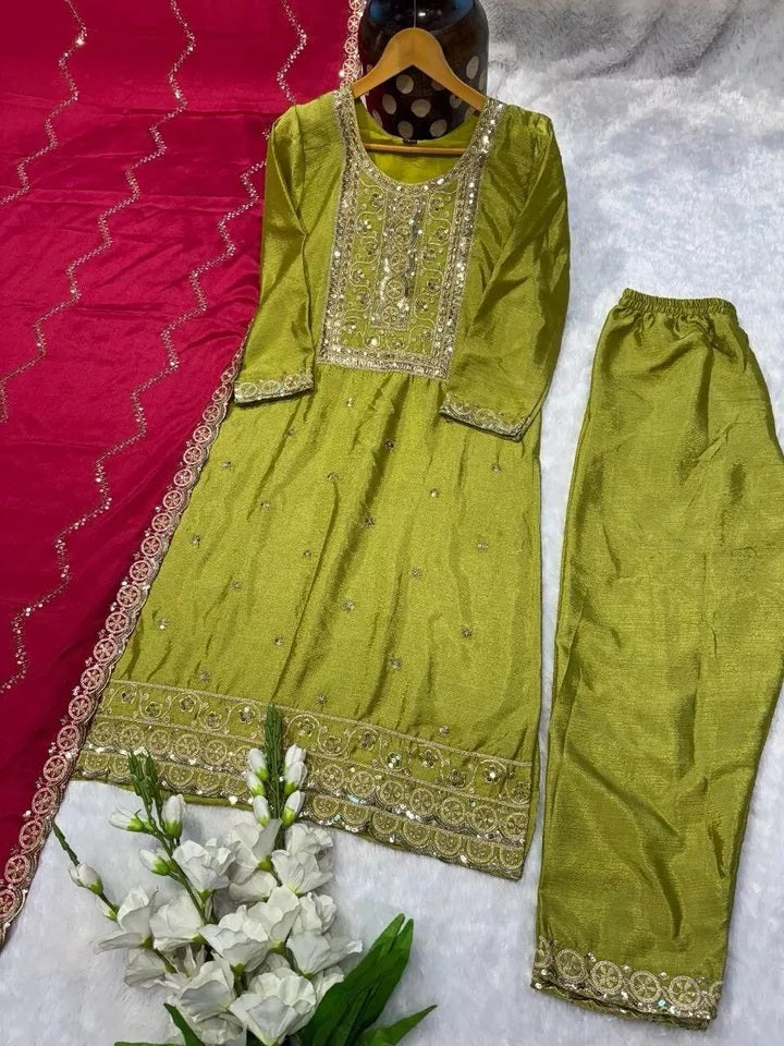 Function Beautiful Full Stitched Heavy Pure Chinon Kurti Bottom Dupatta