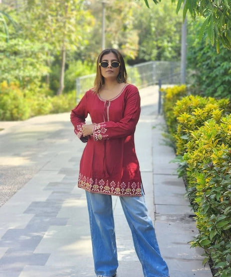 Short Stylish Heavy Rayon With Embroidery Work Printed Kurti