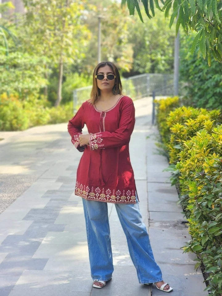 Short Stylish Heavy Rayon With Embroidery Work Printed Kurti