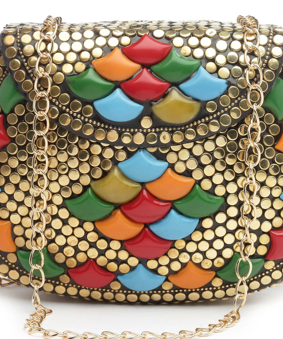 Mosaic Embellished Metal Clutch