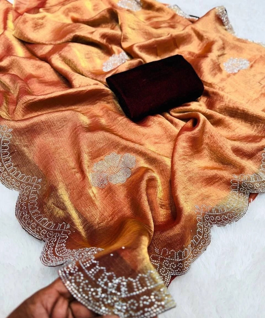 Heavy Soft Fandy Sattin Silk Saree, Siroski Work Sari With Blouse