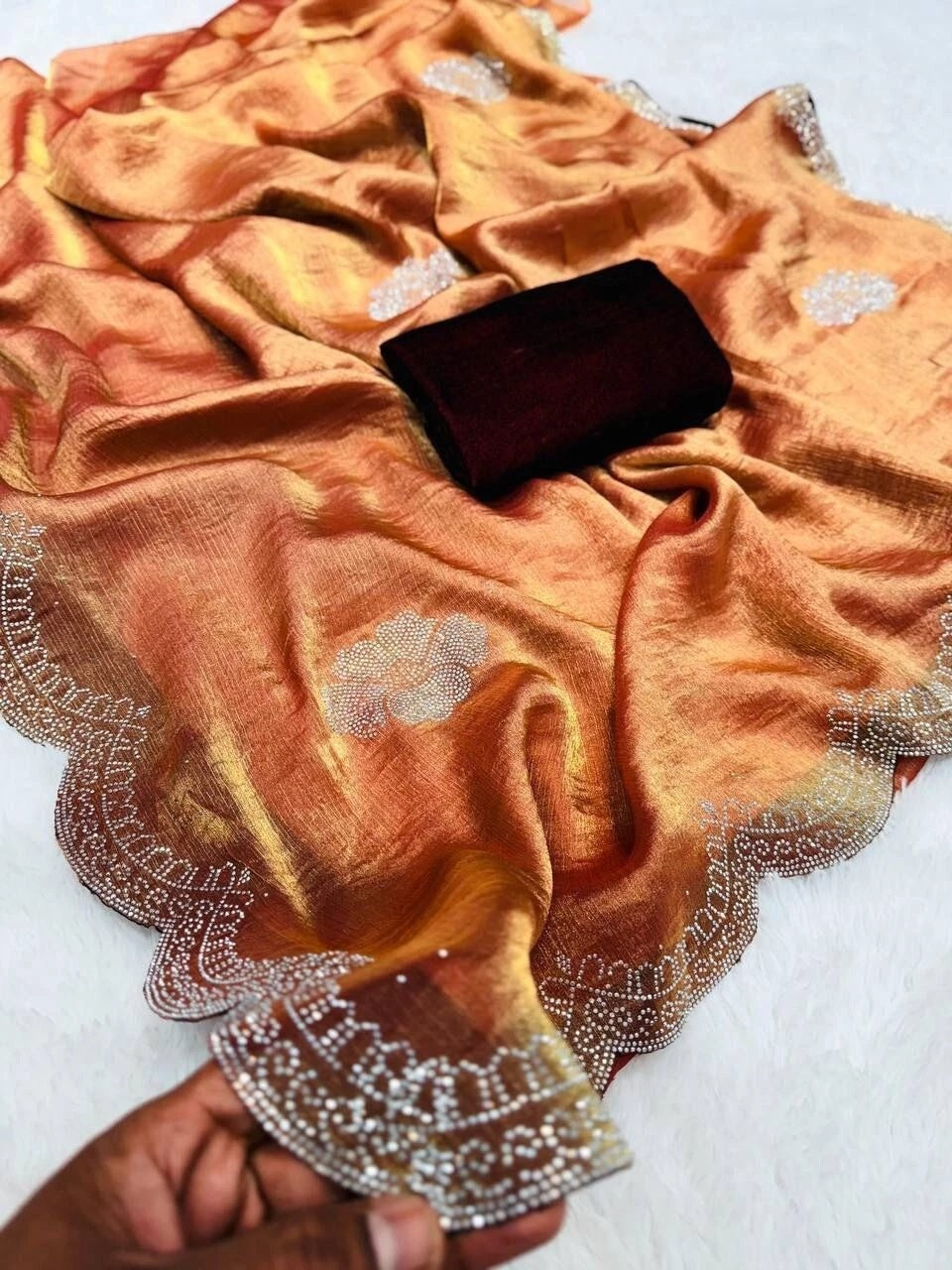 Heavy Soft Fandy Sattin Silk Saree, Siroski Work Sari With Blouse