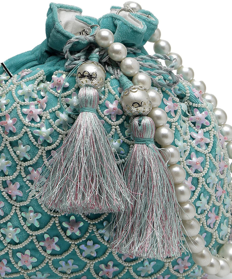 Dangle Fish Scale Embellished Velvet Potli Bag