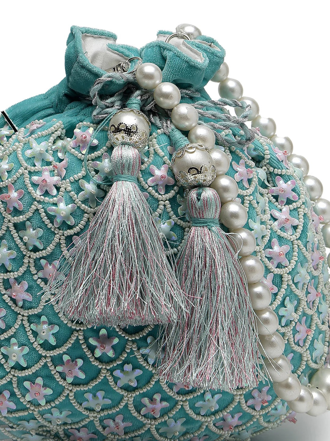 Dangle Fish Scale Embellished Velvet Potli Bag