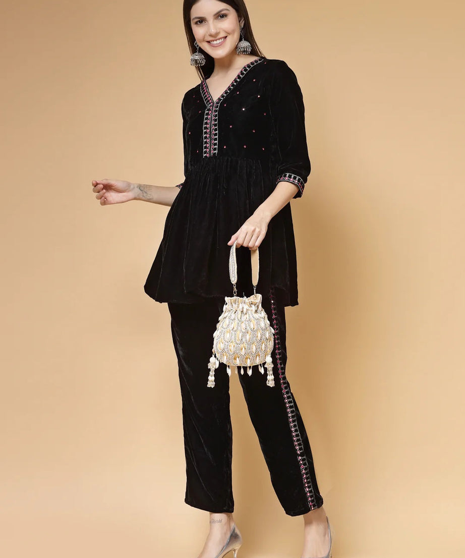 Droop Pearl Embellished Velvet Potli Bag