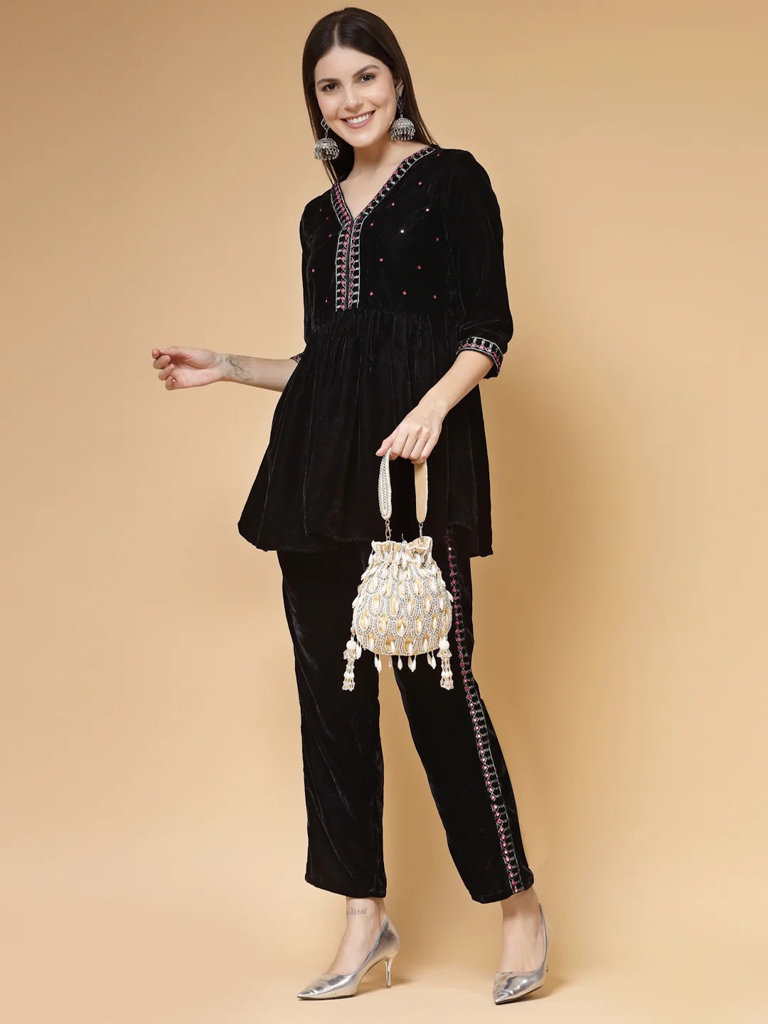 Droop Pearl Embellished Velvet Potli Bag