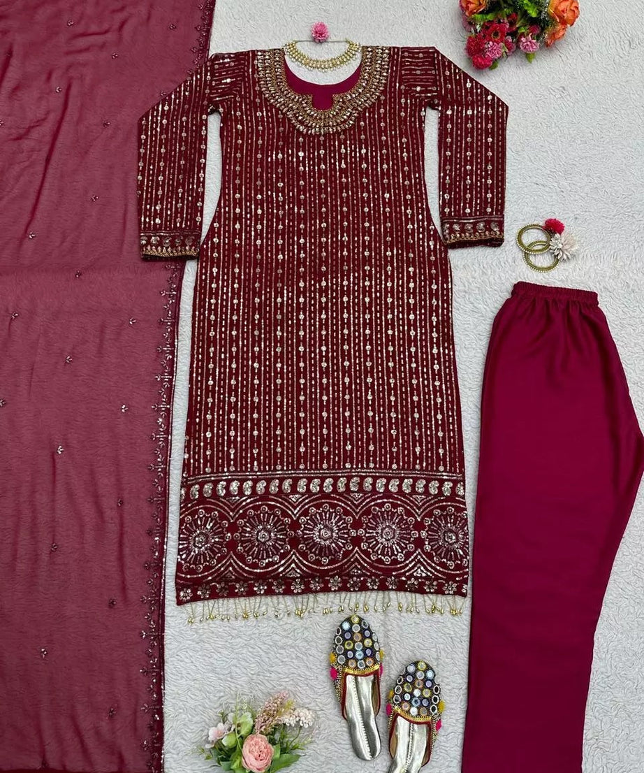 Georgette Function Style Top Pant With Dupatta Set