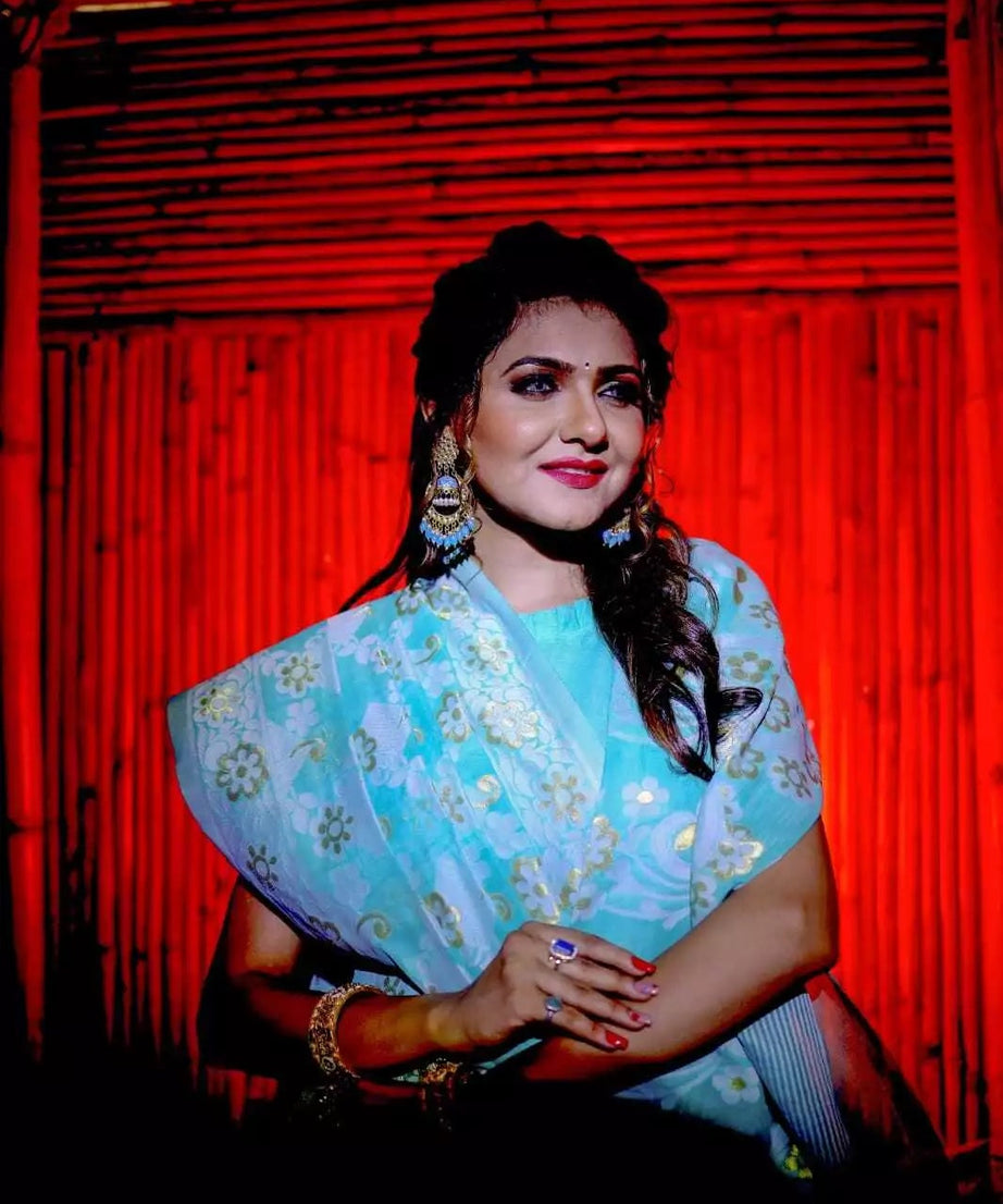 Soft Cotton Jamdani With Gold Zari Weaving Work  Sari & Blouse