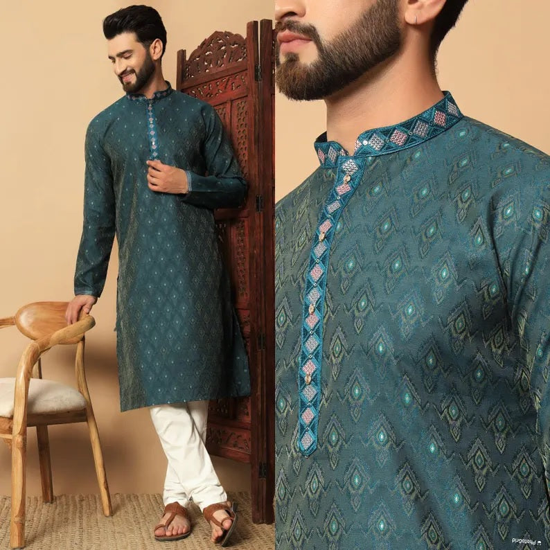 Heavy Silk Jacquard With Embroidery Men's Kurta Set