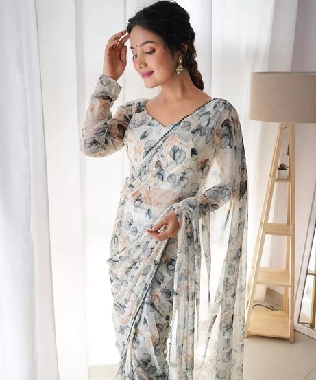 Premium Georgette With Fancy Lace Border Work Read To Wear Sari With Blouse