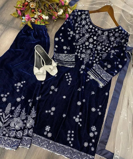 Ethnic Festival Collection Indian Stitched Viscose Velvet Top Pant Dupatta