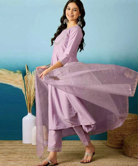 Beautiful Trending Silk Blend With Embroidy Work Kurti/Bottom With Dupatta Set 12-BS