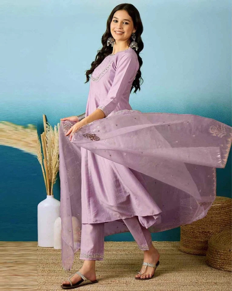 Beautiful Trending Silk Blend With Embroidy Work Kurti/Bottom With Dupatta Set 12-BS