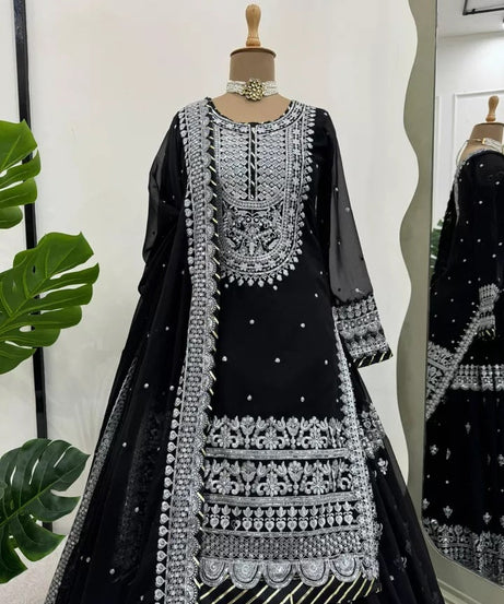 Bollywood Style Faux Georgette Top Sharara With Dupatta