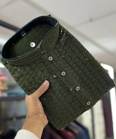 Men's  Cotton Rayon With Sequin Work Kurta Pajama Set