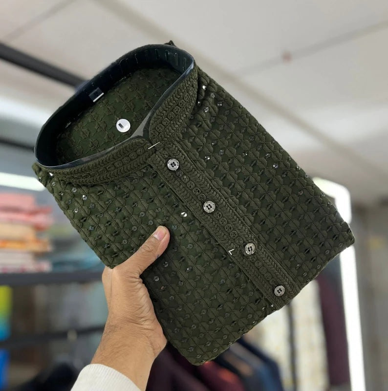 Men's  Cotton Rayon With Sequin Work Kurta Pajama Set