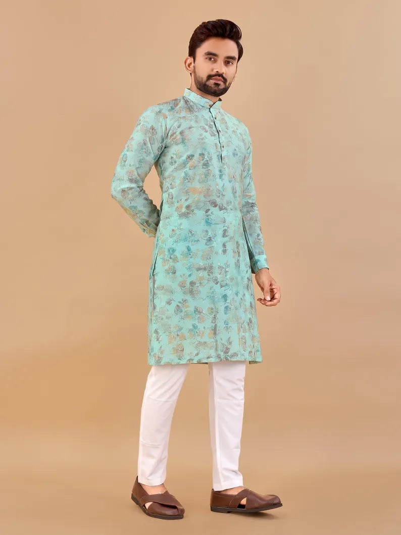 Premium Soft Cotton Foil Print Men's Kurta Pajama Set